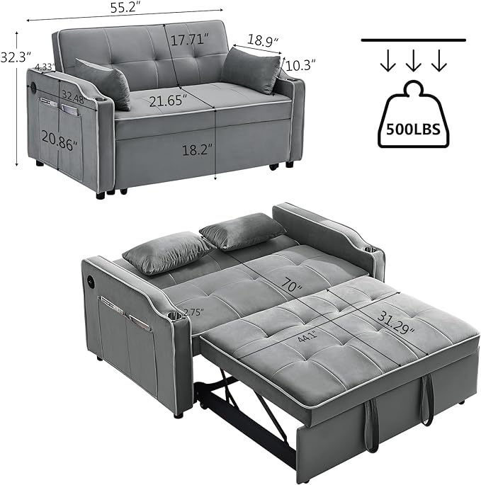 3 in 1 Loveseat Sofa Bed, Pull Out Couch Sleeper with Storage, Full Size Velvet Convertible Chair with 2 Pockets & 2 Pillows for Living Room, Grey - LeafyLoom