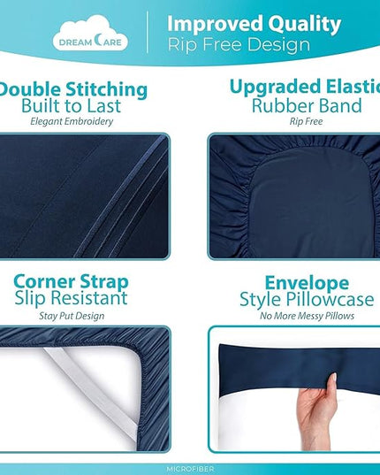 DREAMCARE King Size Sheets Set - Cooling Bed Sheets - 4pcs Set - up to 15" Deep Pocket King Sheet Set – Soft & Long Lasting Cooling - 100% Fine Brushed Polyester with Side Pocket - Navy Blue - LeafyLoom