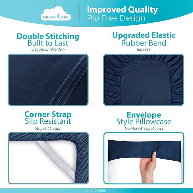 DREAMCARE King Size Sheets Set - Cooling Bed Sheets - 4pcs Set - up to 15" Deep Pocket King Sheet Set – Soft & Long Lasting Cooling - 100% Fine Brushed Polyester with Side Pocket - Navy Blue - LeafyLoom