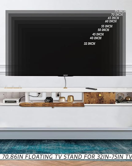 Floating TV Unit, 71'' Wall Mounted TV Cabinet, Floating Shelves with Door & Drawer, Farmhouse Entertainment Media Console Center Large Storage TV Bench for Living Room (71IN, Rustic Brown) - LeafyLoom