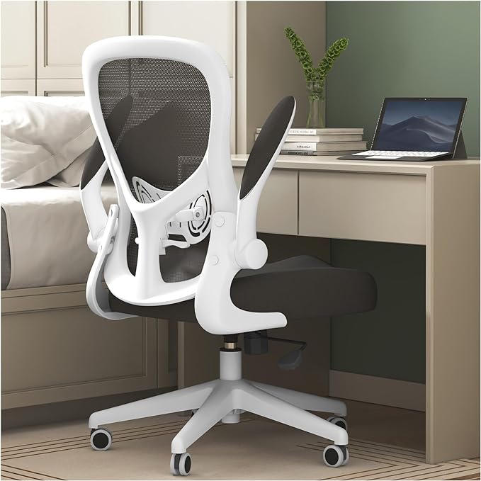 Hbada Office Chair Ergonomic Desk Chair, Office Desk Chairs with PU Silent Wheels, Breathable Mesh Computer Chair with Adjustable Lumbar Support, Flip-up Armrests, Tilt Function, White - LeafyLoom