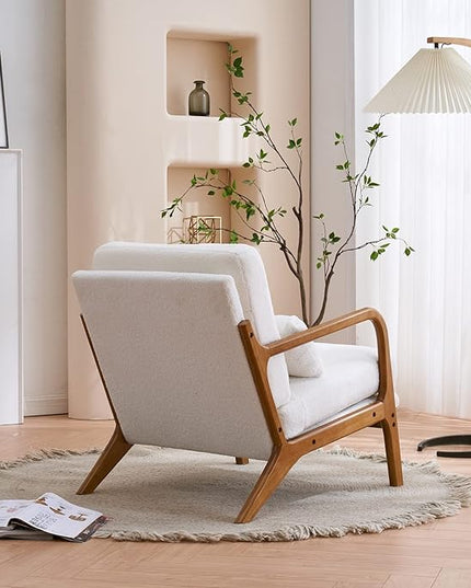 Bonnlo Teddy Fleece White Mid Century Modern Accent Chair, Soild Wood Padding Lounge Armchairs Side Sitting Chairs for Living Room, Bedroom, Guest Room - LeafyLoom
