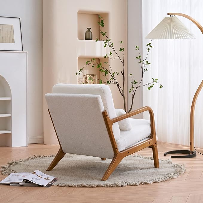 Bonnlo Teddy Fleece White Mid Century Modern Accent Chair, Soild Wood Padding Lounge Armchairs Side Sitting Chairs for Living Room, Bedroom, Guest Room - LeafyLoom