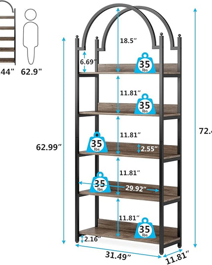 Tribesigns 5-Shelf Arched Bookcase, 72 inch Tall Rustic Wood Shelf with Black Metal Frame, Industrial Freestanding Open Bookshelf for Bedroom, Living Room,Small Spaces (Oak+Black, 1PC) - LeafyLoom