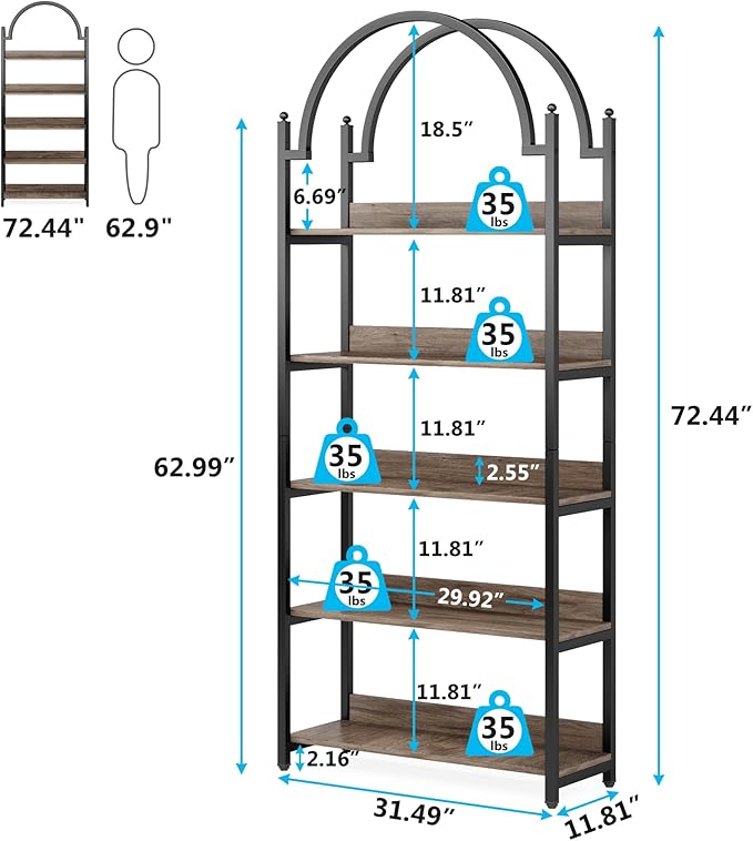 Tribesigns 5-Shelf Arched Bookcase, 72 inch Tall Rustic Wood Shelf with Black Metal Frame, Industrial Freestanding Open Bookshelf for Bedroom, Living Room,Small Spaces (Oak+Black, 1PC) - LeafyLoom