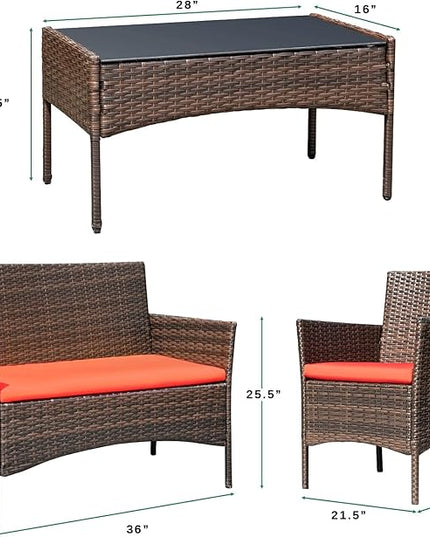 Greesum Patio Furniture 4 Pieces Conversation Sets Outdoor Wicker Rattan Chairs Garden Backyard Balcony Porch Poolside loveseat with Soft Cushion and Glass Table, Brown and Red - LeafyLoom
