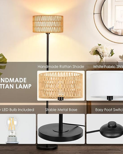 Rattan Floor Lamps for Living Room, Rattan Boho Floor Lamp, Black Metal Floor Lamp with LED Bulb, Rattan Fabric Double Shades, Farmhouse Rustic Floor Lamp, Standing Lamp for Living Room Bedroom Office - LeafyLoom
