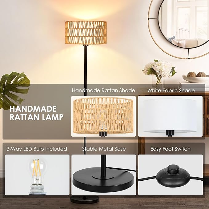 Rattan Floor Lamps for Living Room, Rattan Boho Floor Lamp, Black Metal Floor Lamp with LED Bulb, Rattan Fabric Double Shades, Farmhouse Rustic Floor Lamp, Standing Lamp for Living Room Bedroom Office - LeafyLoom