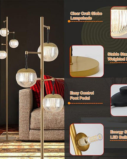 Modern 3 Globe Gold Floor Lamps for Living Room with Acrylic Crystal Sphere Shade and 3000K LED Bulbs, Contemporary Mid Century Standing Lamp, Farmhouse Retro for Bedroom Office - LeafyLoom
