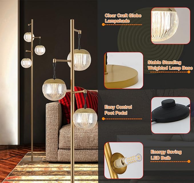 Modern 3 Globe Gold Floor Lamps for Living Room with Acrylic Crystal Sphere Shade and 3000K LED Bulbs, Contemporary Mid Century Standing Lamp, Farmhouse Retro for Bedroom Office - LeafyLoom