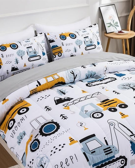 NTBED 5 Pieces Construction Truck Full Comforter Set for Boys Kids Forest Vehicles Excavator Lightweight Microfiber Bedding Sets - LeafyLoom