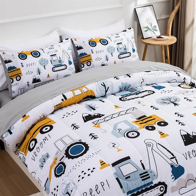 NTBED 5 Pieces Construction Truck Full Comforter Set for Boys Kids Forest Vehicles Excavator Lightweight Microfiber Bedding Sets - LeafyLoom
