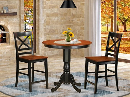 East West Furniture JAQU3-BLK-W 3 Piece Kitchen Counter Height Dining Table Set Contains a Round Wooden Table with Pedestal and 2 Dining Chairs, 36x36 Inch, Black & Cherry - LeafyLoom