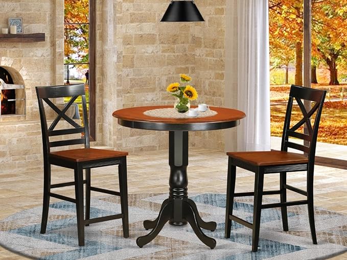 East West Furniture JAQU3-BLK-W 3 Piece Kitchen Counter Height Dining Table Set Contains a Round Wooden Table with Pedestal and 2 Dining Chairs, 36x36 Inch, Black & Cherry - LeafyLoom