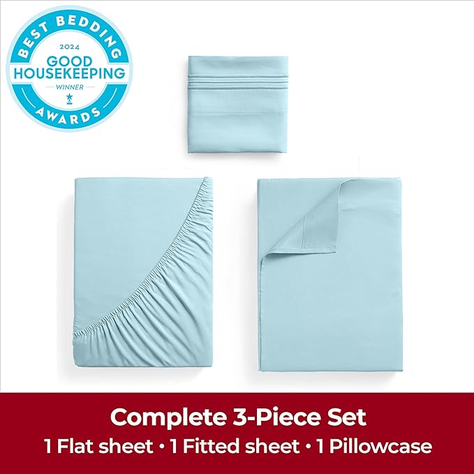 Mellanni Extra Deep Twin Sheets - 3 PC Iconic Collection Bedding Sheets & Pillowcases - Hotel Luxury, Ultra Soft, Cooling Bed Sheets - Extra Deep Pocket up to 21 inch (Twin, Aqua) - LeafyLoom