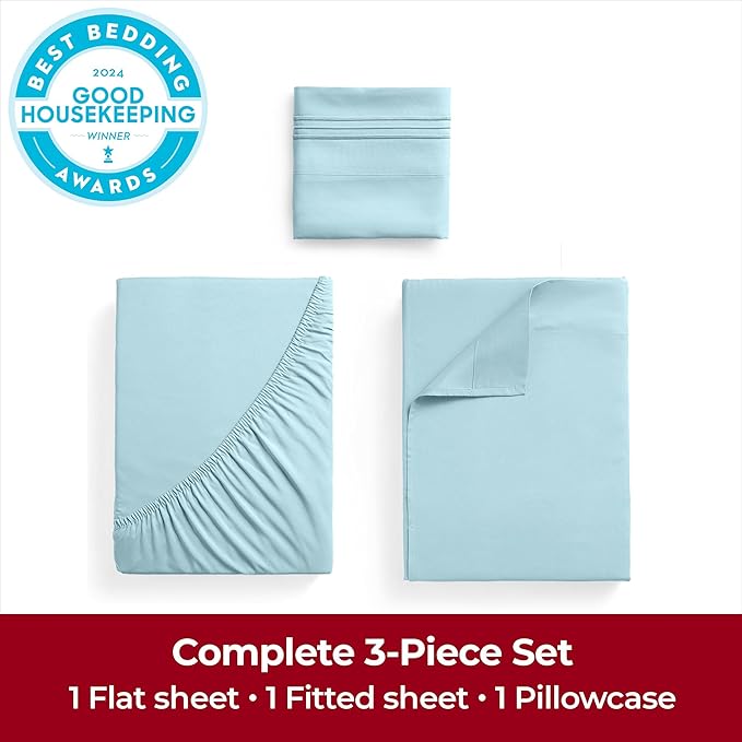 Mellanni Twin Sheets Set - 3 PC Iconic Collection Bedding Sheets & Pillowcases - Hotel Luxury, Extra Soft, Cooling Bed Sheets - Deep Pocket up to 16 inch (Twin, Aqua) - LeafyLoom