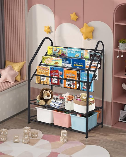 aboxoo Metal Kids Bookshelf Black Large Freestanding for Children Room 32 in Toy Organizer Large Stable Bookcase Bookstore Library Book Unit Storage Kids Bed Living Room - LeafyLoom