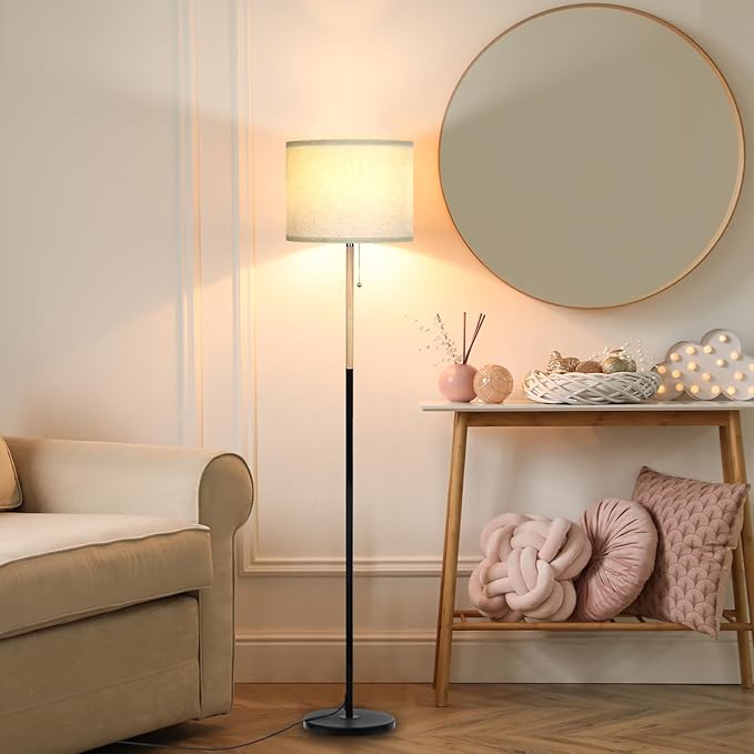 Modern Floor Lamp for Living Room Traditional Farmhouse Floor Lamps Mid-Century Pole Lamp with Linen Lamp Shade, Standing Tall Floor Lamps for Bedrooms and Office (White-01) - LeafyLoom
