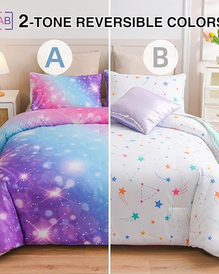 A Nice Night 6Pcs Gradient Glitter Bedding Set for Girls, Colorful Rainbow Galaxy Comforter Set, Ultra Soft Bedding Sets (Purple,Queen 6Pcs) - LeafyLoom