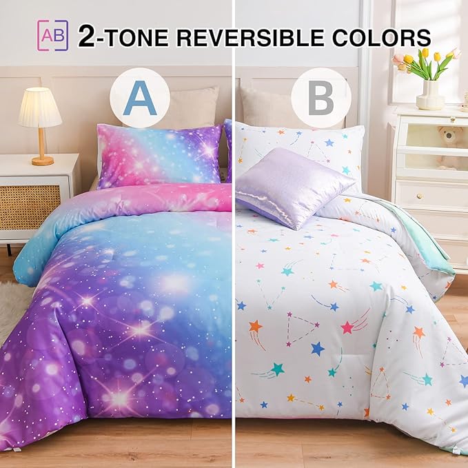 A Nice Night 6Pcs Gradient Glitter Bedding Set for Girls Full Size, Colorful Rainbow Galaxy Comforter Set, Ultra Soft Bedding Sets, Purple - LeafyLoom