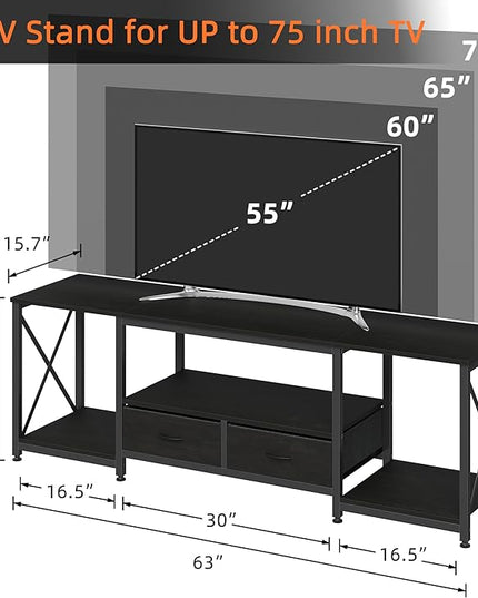 TV Stand with Fabric Drawers for 65 70 75 Inches TV - Entertainment Center and Industrial TV Console Table with Open Storage Shelves for Living Room, Bedroom - 63.5" Black - LeafyLoom