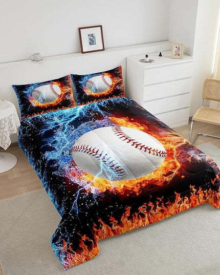 Erosebridal Baseball Comforter Set King Size Sports Theme Bedding Kids Teens Boys Fire and Ice Sports Baseball Quilted Duvet Decoration 3 Pcs Bedding Comforters Red Blue with 2 Pillowcases - LeafyLoom