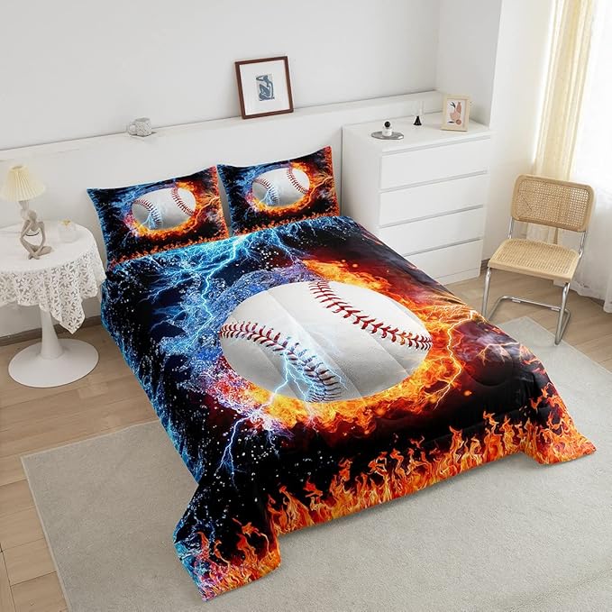 Erosebridal Baseball Comforter Set King Size Sports Theme Bedding Kids Teens Boys Fire and Ice Sports Baseball Quilted Duvet Decoration 3 Pcs Bedding Comforters Red Blue with 2 Pillowcases - LeafyLoom
