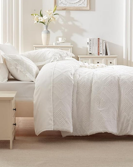 EMME King Comforter Set - 7 Pcs White Boho Comforter Set, Tufted King Size Bedding Sets with Sheets, Shabby Chic Embroidery Bed Set Fluffy Bed Bag for All Season(102"X90") - LeafyLoom