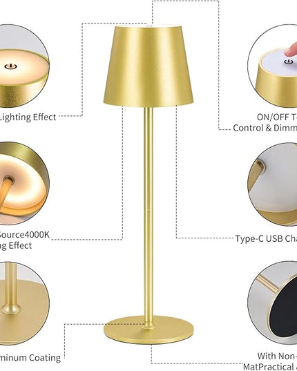 Cordless Table Lamps USB Rechargeable Simplicity Desk Lamp Built-in 4600 mAh Battery LED Battery Operated lamp with Touch Control Table lamp - Bedroom/Desk/Reading/Patio(2Pcs-Gold) - LeafyLoom