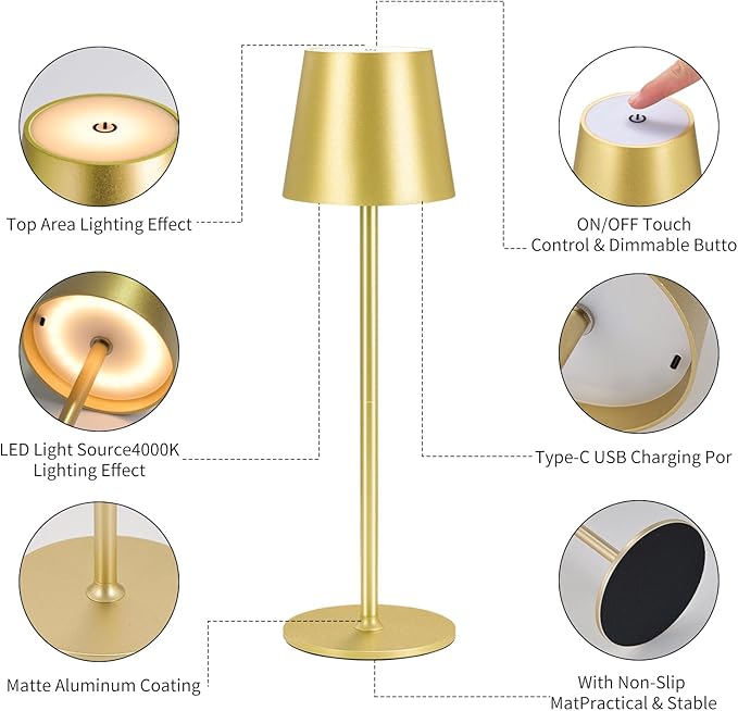 Cordless Table Lamps USB Rechargeable Simplicity Desk Lamp Built-in 4600 mAh Battery LED Battery Operated lamp with Touch Control Table lamp - Bedroom/Desk/Reading/Patio(2Pcs-Gold) - LeafyLoom