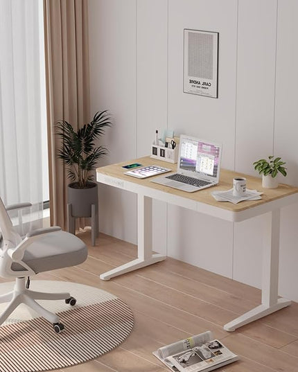 Standing Desk with Drawer and Wireless Charging,48x24 inch Dual Motor Standing Desk, Sit Stand Desk with Whole-Piece Desktop,Stand Up Desk for Home Office(White Oval Legs + Bamboo Top) - LeafyLoom