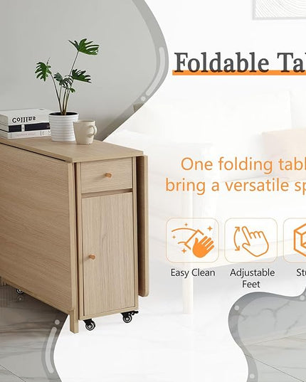 Extendable Drop Leaf Folding Dining Table with 2 Drawers and 4 Wheels for Living Room Kitchen Farmhouse Space Saving Table in Wood Color - LeafyLoom