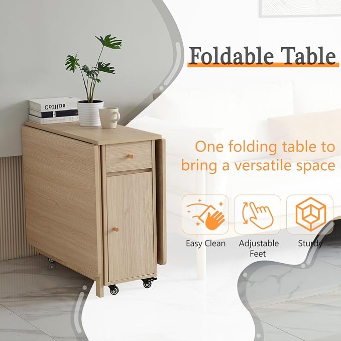 Extendable Drop Leaf Folding Dining Table with 2 Drawers and 4 Wheels for Living Room Kitchen Farmhouse Space Saving Table in Wood Color - LeafyLoom