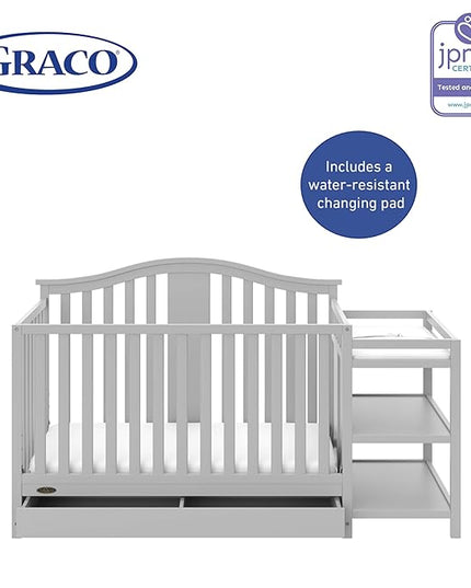 Graco Solano 4-in-1 Convertible Crib and Changer with Drawer (Pebble Gray) – Crib and Changing Table Combo with Drawer, Includes Changing Pad, Converts to Toddler Bed, Daybed and Full-Size Bed - LeafyLoom