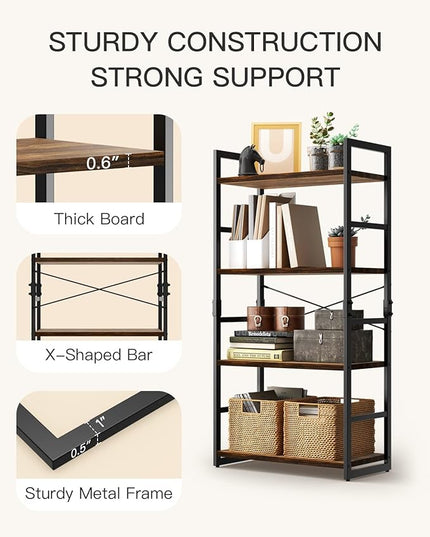 Pipishell Bookshelf, 4-Tier Bookcase, Storage Bookshelves, Tall Bookcase Shelf Storage Organizer, Book Shelf with Steel Frame, Vintage Standing Shelf for Home Office, Living Room, Bedroom, Kitchen - LeafyLoom