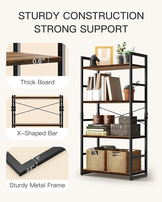 Pipishell Bookshelf, 4-Tier Bookcase, Storage Bookshelves, Tall Bookcase Shelf Storage Organizer, Book Shelf with Steel Frame, Vintage Standing Shelf for Home Office, Living Room, Bedroom, Kitchen - LeafyLoom