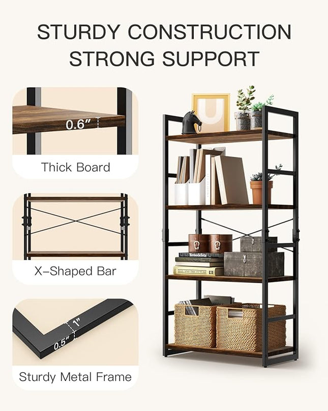 Pipishell Bookshelf, 4-Tier Bookcase, Storage Bookshelves, Tall Bookcase Shelf Storage Organizer, Book Shelf with Steel Frame, Vintage Standing Shelf for Home Office, Living Room, Bedroom, Kitchen - LeafyLoom