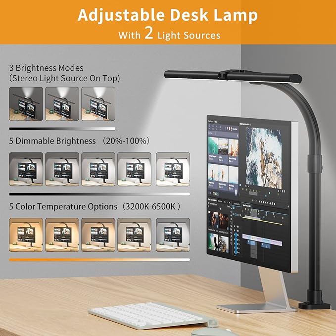 LED Desk Lamp for Home Office - 24W Bright Double Head Desk Light with Clamp Eye Caring Architect Task light 25 Lighting Modes Adjustable Flexible Gooseneck Lamp for Workbench Drafting Study - LeafyLoom