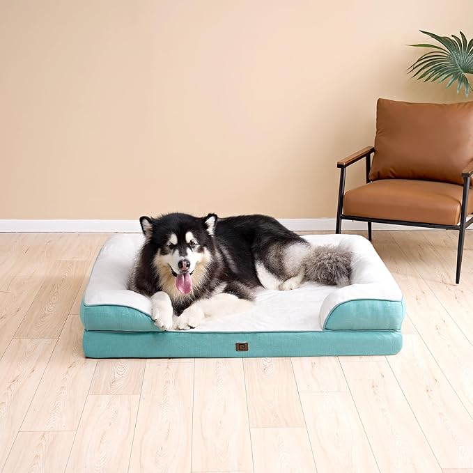 EHEYCIGA Orthopedic Dog Beds for Large Dogs, Waterproof Memory Foam Large Dog Bed with Sides, Non-Slip Bottom and Egg-Crate Foam Large Dog Couch Bed with Washable Removable Cover, Turquoise Blue EHEYCIGA