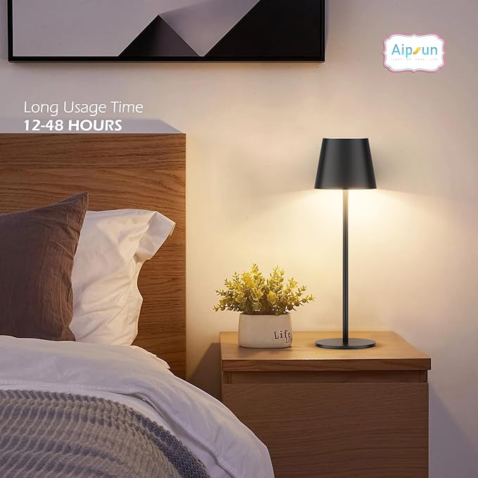 Aipsun Cordless Table Lamp RGB 2 Pack 5000mAh 3W Battery Operated Lamp Portable LED Black Rechargeable Table Lamp 3000K Stepless Dimming Touch Lamp for Home/Outdoor Waterproof - LeafyLoom