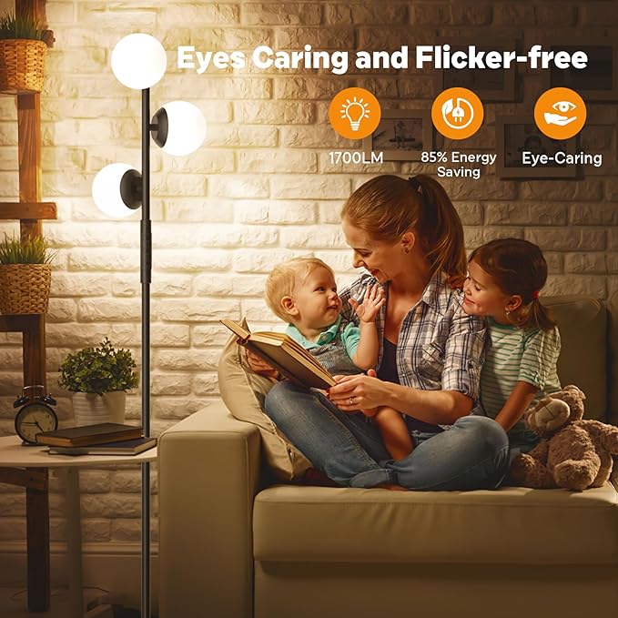 LED Floor Lamp for Living Room, 3 Globe Bright Standing Lamp with Remote, 4 Color Temterapure Dimmable Bedroom Lamp Modern Floor Lamp Tall Lamp for Bedroom/Office, 24W, 2700-6500K, Black - LeafyLoom