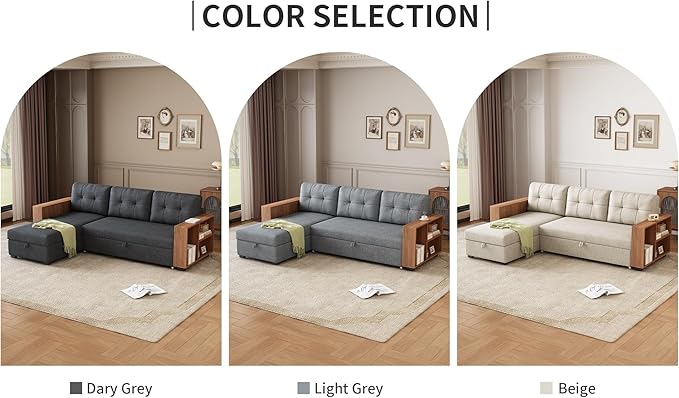 Ball & Cast 84" Sectional Sleeper Sofa Chaise, L Shaped Pull Out Couch Bed,Wooden Storage Handrail,for Apartments, Living Room and Office, Dark Grey - LeafyLoom