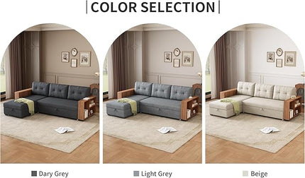 Ball & Cast 84" Sectional Sleeper Sofa Chaise,L Shaped Pull Out Couch Bed,Wooden Storage Handrail,for Apartments, Living Room and Office, Beige - LeafyLoom