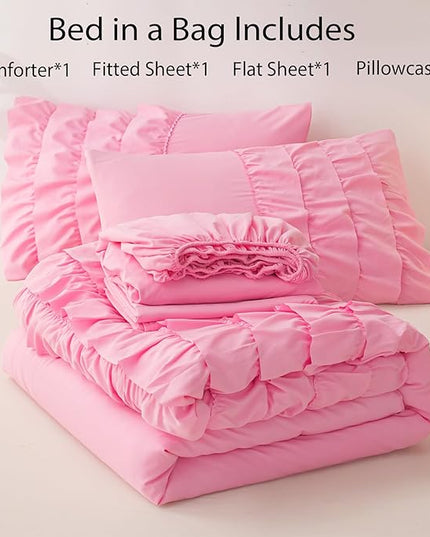 Pink Comforter Set Twin, 5-Piece Bed in a Bag Twin for Teen Girls, Pink Ruffle Bedding Set for Girls Kids, Teen Girls Bedding Sets,Princess Dress Comforter for All Season - LeafyLoom