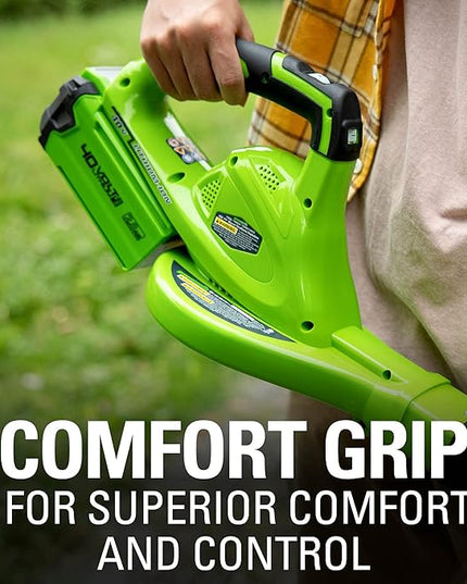 Greenworks 40V Leaf Blower/Sweeper, 150 MPH, Lightweight, Quiet, with 2.0 Ah Battery and Charger - LeafyLoom
