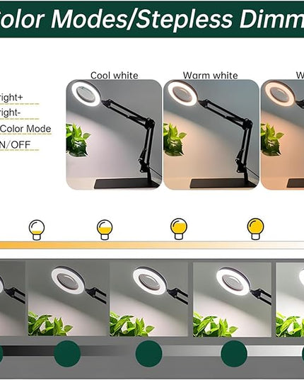 Magnifying Glass with Light and Stand,5X Magnifying LED Desk Lamp with Base & Clamp,3 Color Modes,10 Adjustable Brightness 2-in-1 Adjustable Swivel Arm Lamp Craft Light for Hobby Reading - LeafyLoom