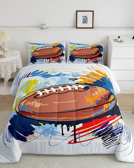 Boys Football Comforter Set Queen Kids Teen Sports Bedding Set Bedroom Decor,Watercolor Tie Dye Hand Drawn Graffiti Football Bedding Comforter Sets Rugby Quilt Duvet 2 Pillow Cases Colorful Brown - LeafyLoom