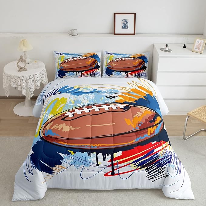 Boys Football Comforter Set Queen Kids Teen Sports Bedding Set Bedroom Decor,Watercolor Tie Dye Hand Drawn Graffiti Football Bedding Comforter Sets Rugby Quilt Duvet 2 Pillow Cases Colorful Brown - LeafyLoom