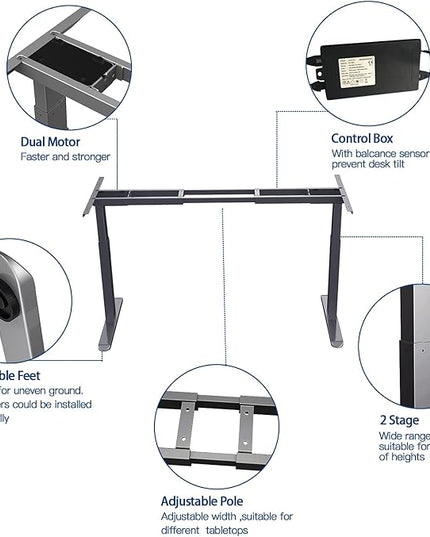 AIMEZO Standing Desk Frame, Dual Motor Electric Height Adjustable Sit Stand Desk Frame with 4 Memory Preset Button, USB Charging Port for Home Office (2 Tier Legs, Gray) - LeafyLoom