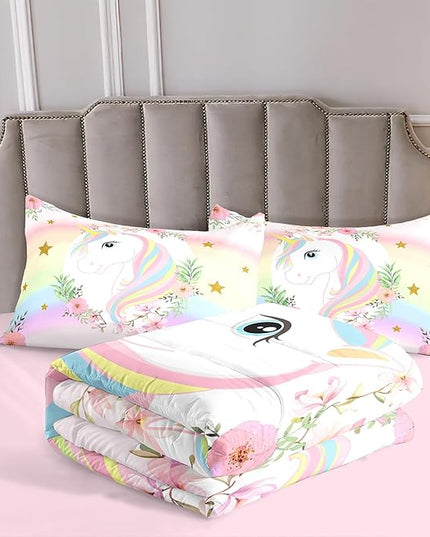 Kids Comforter Bedding Set 3 Piece Super Soft Breathable Print Kids Bedding Sets for Girls, Machine Washable Durable Comforter Set with Comforter, 2 Pillowcases Flowers Stars (Twin,Unicorn) - LeafyLoom
